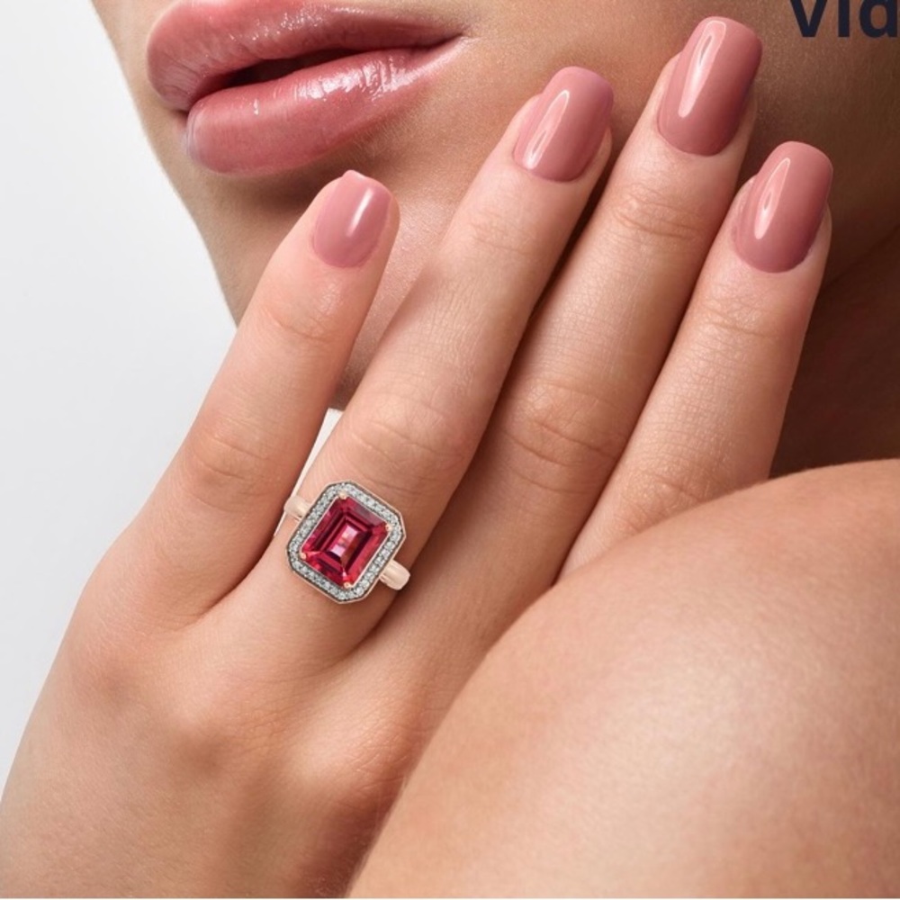 Pure pink mystic Topaz white Zircon Halo ring RG over sterling silver 4.5ctw.